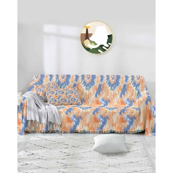Tie Dye Sofa Covers for 3 Cushion Couch,Washable Sectional & L Shape Couch Covers for Dog/Cat/Kid,Orange Navy Blue Stained Rainbow Colored Art Non Slip Sofa Slipcover Tassel Futon Cover 71x150