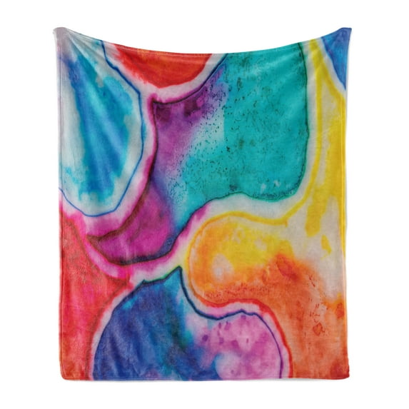 Tie Dye Soft Flannel Fleece Throw Blanket, Watercolor Pools of Different Colors Abstract Vibrant Messy Hand Painted Design, Cozy Plush for Indoor and Outdoor Use, 70" x 90", Multicolor, by Ambesonne