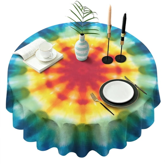 Tie Dye Soft Petal Ring Pattern Round Tablecloth 60"x60",Wrinkle Wipeable Table Cloth for Kitchen Dining Room Picnic Patio Party