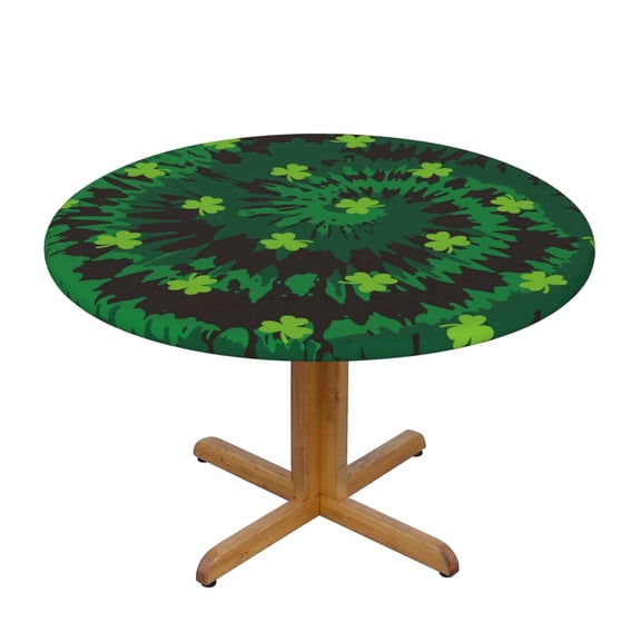 Green Clover St Patriks Round Fitted Tablecloth, Tie Dye Spiral Waterproof Circle Table Colth for Outdoor Indoor Patio Kitchen - Fits Tables 40" to 44" Diameter