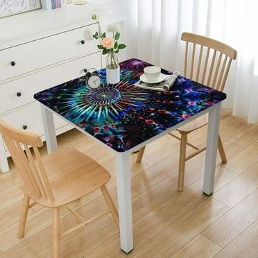 Tie Dye Square Fitted Tablecloth,, Elastic Edge, Can Wipe Indoor/Outdoor Dining Table Cover