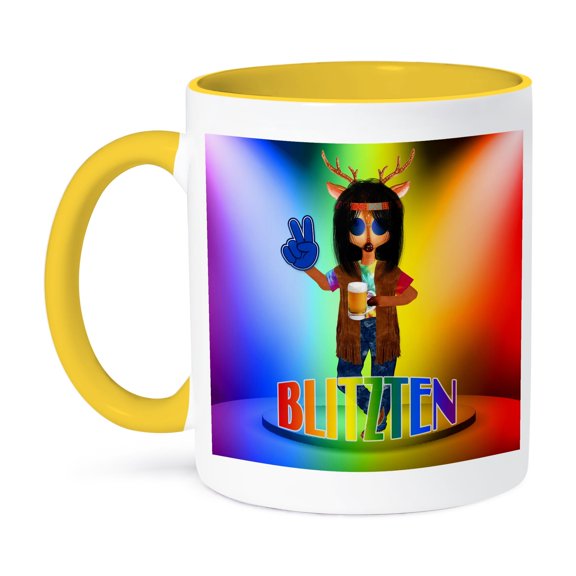 3dRose, Tie dye Stage and Blitzen the Party Animal Hippie Lover Christmas, 15oz Two-Tone Yellow Mug