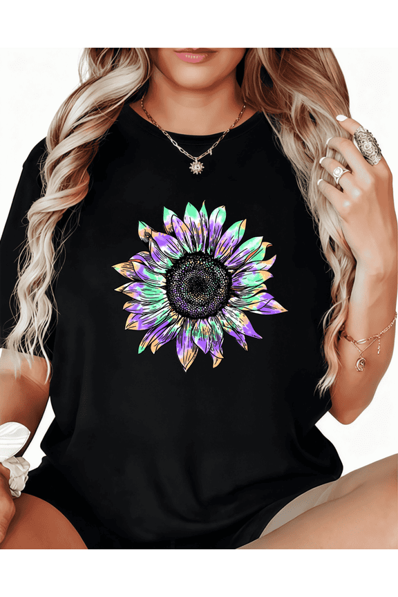 Tie Dye Sunflower Graphic Beautiful Cotton Tee T-Shirt Print Top Short Sleeve Round Neck Black S-5XL