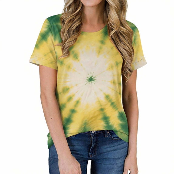 Tie Dye T-Shirt for Women Casual Short Sleeve Crew Neck Tops Loose Fit Vintage Graphic Summer Tees Blosues