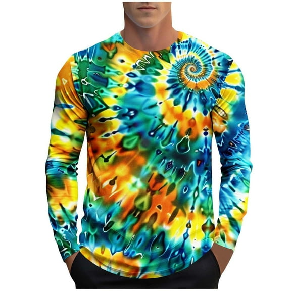 Tie Dye T-Shirts Mens Colorful Graphic Tee Shirt Long Sleeve Crew Neck Basic Tees for Men Spring Fall Tops (XL, Tie-dye A)