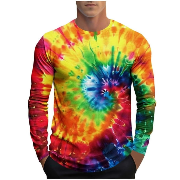 Tie Dye T-Shirts Mens Colorful Graphic Tee Shirt Long Sleeve Crew Neck Basic Tees for Men Spring Fall Tops (XL, Tie-dye C)