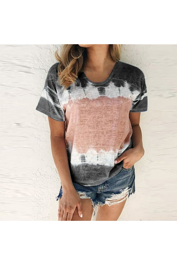 Tie Dye T-Shirts for Women Summer Casual Crew Neck Plus Size Vintage Distressed Blouses Loose Fit Comfort Short Sleeve Tops