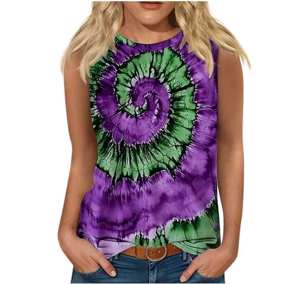 Tie Dye Tank Tops Women Casual Camisole Heart Printed Crewneck T Shirts Sleeveless Blouse Fashion Tunic Tops Funny Colorful Tanks Summer Trendy Clothes Outfit