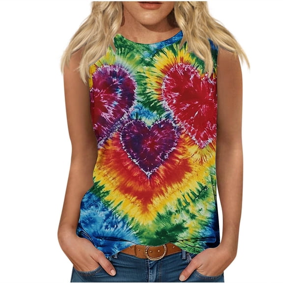 Tie Dye Tank Tops Women Casual Camisole Heart Printed Crewneck T Shirts Sleeveless Blouse Fashion Tunic Tops Funny Colorful Tanks Summer Trendy Clothes Outfit