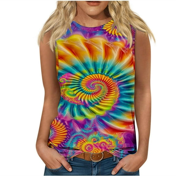 Tie Dye Tank Tops Women Casual Camisole Heart Printed Crewneck T Shirts Sleeveless Blouse Fashion Tunic Tops Funny Colorful Tanks Summer Trendy Clothes Outfit