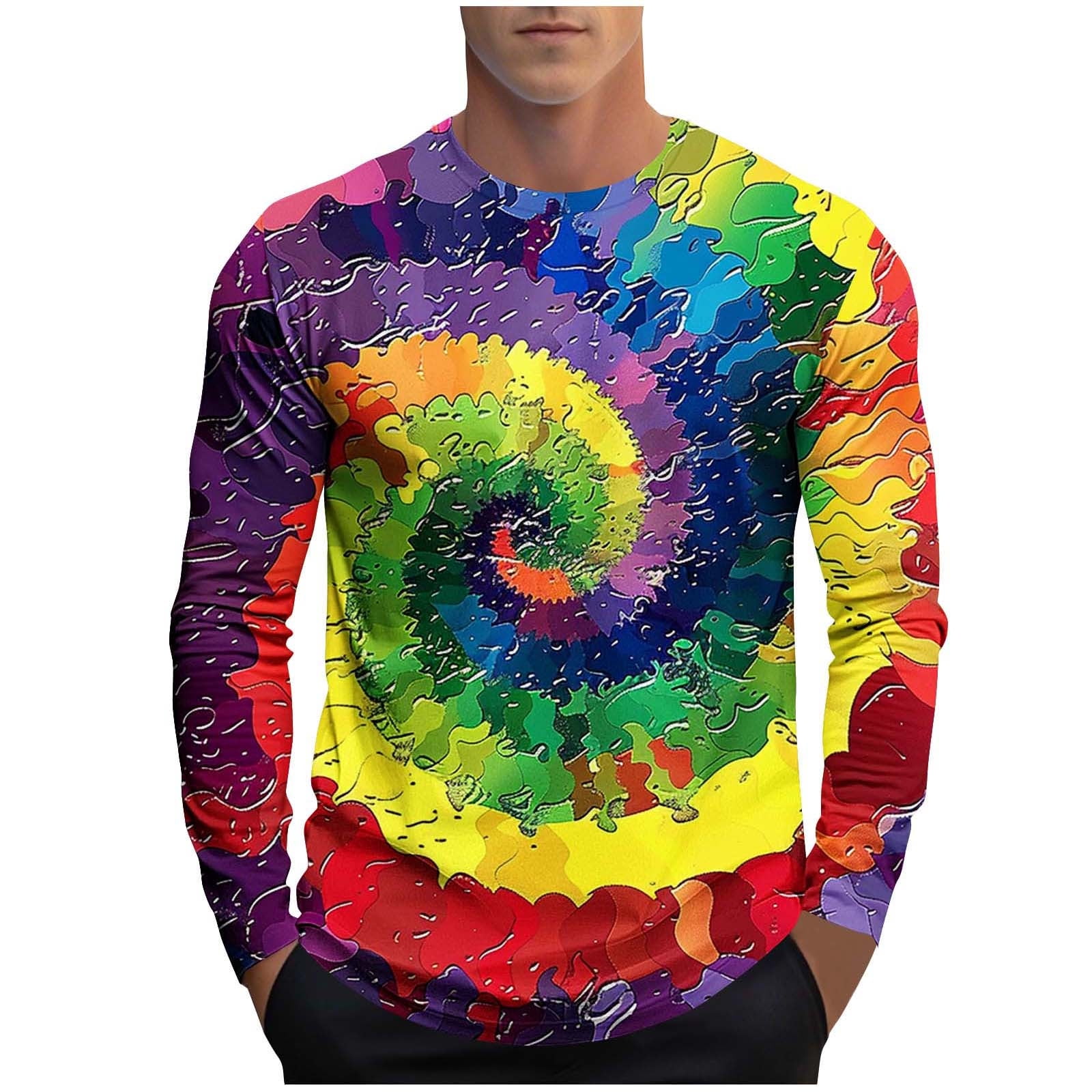 Tie Dye Tops Mens Long Sleeve Graphic T-Shirts Slim Fit Crew Neck