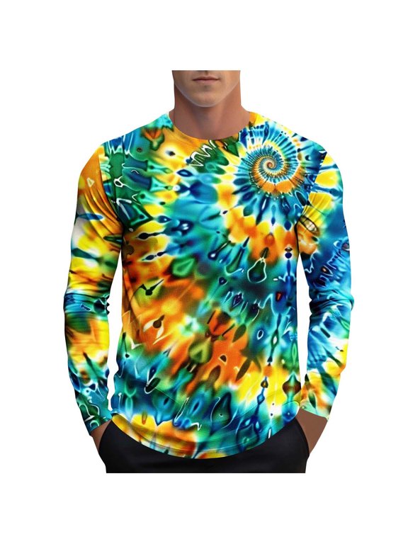 Tie Dye Tops Mens Long Sleeve Graphic T-Shirts Slim Fit Crew Neck Colorful Workout Casual Sport Tees Tshirts (M, Blue)