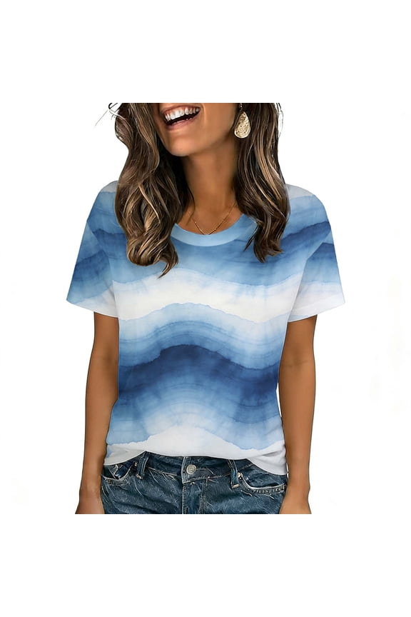Tie-Dye Tops for Women Summer Short Sleeve T-shirts Colorful Plus Size Casual Graphic Tee Shirt Loose Tshirts (L, Blue #C)