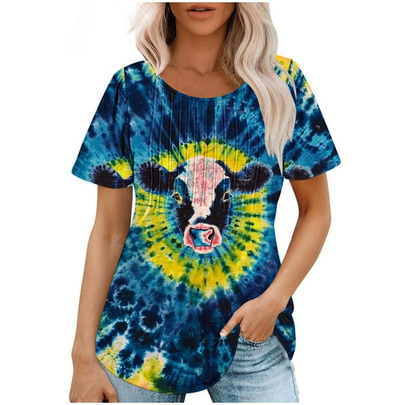 Tie Dye Tops for Womens Casual Crewneck Pleated Tshirts Trendy Animal Short Sleeve Tunic Tee Shirts
