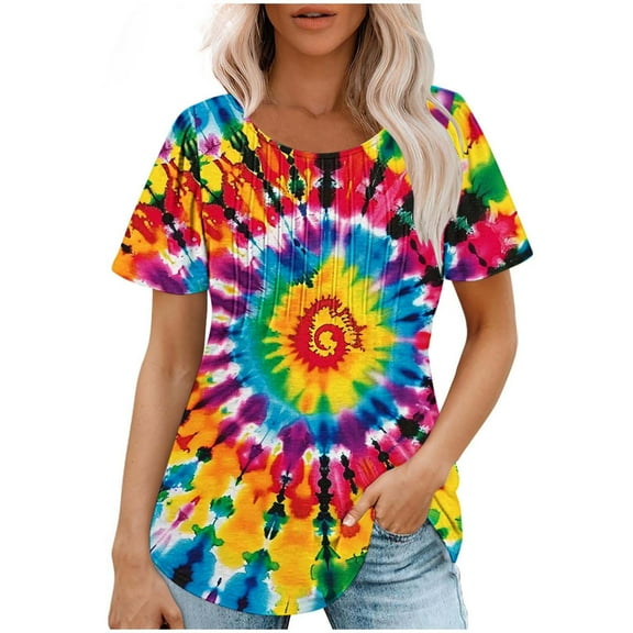 Tie Dye Tops for Womens Casual Crewneck Pleated Tshirts Trendy Animal Short Sleeve Tunic Tee Shirts