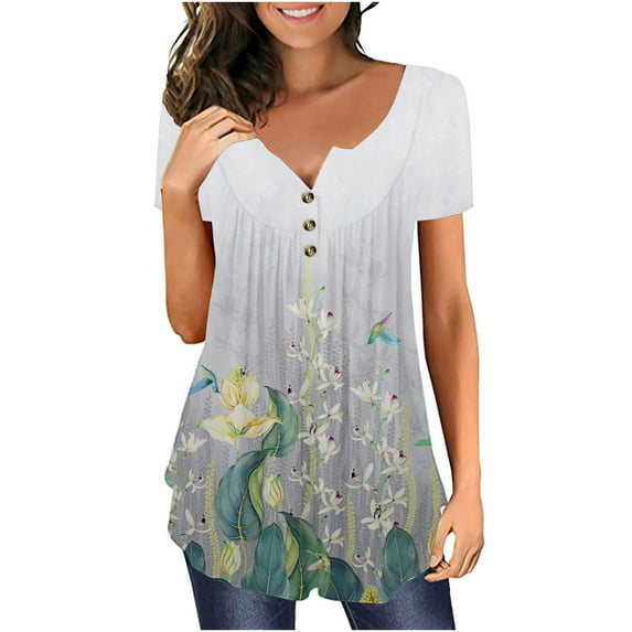 Tie Dye Tunic Tops for Women Plus Size 22/24 Henley Neck Button Ladies Blouses Clearance Gradient T Shirt Loose Fit Casual Short Sleeve Longline Summer Tee Long Length Pleated Shirts Blouse
