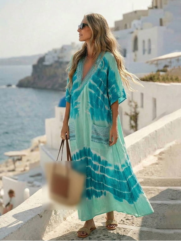 Tie Dye V-Neck Kaftan Maxi Dress for Women Short Sleeve Loose Fit Asymmetrical Hem Beach