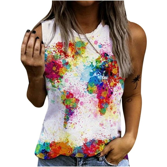 Tie Dye World Map Tank Tops for Women Funny Graphic Vest Casual Summer Sleeveless Tee Shirts Loose Holiday Blouses