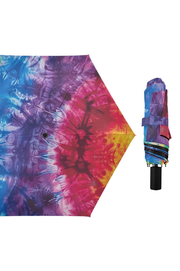Tie Dye in Rainbow Colors All Weather Umbrella Triple Folding Parasol 6 Ribs UV Protection Portable