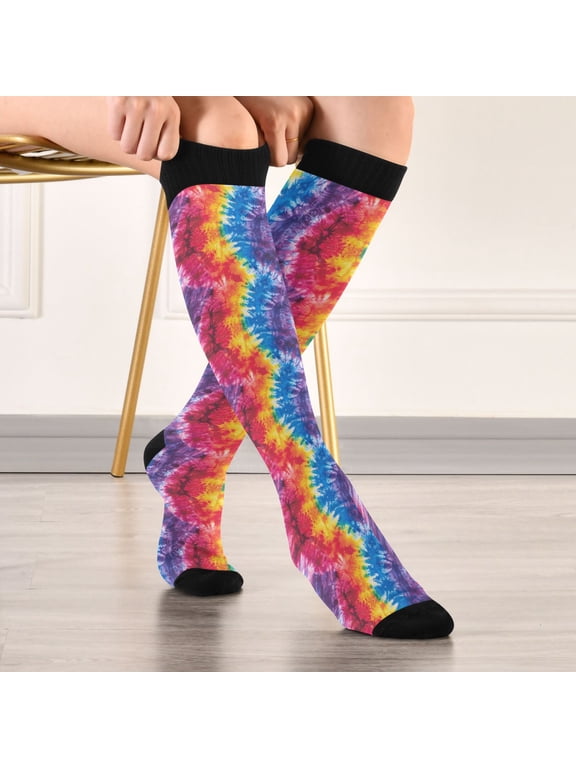 Tie Dye in Rainbow Colors Compression Stockings Knee High Socks Unisex 1 Pair