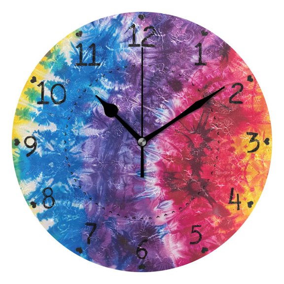 Tie Dye in Rainbow Colors Round Wall Clock Silent Analog Battery Operated Black Pointer Home Decor 9.84" Diameter