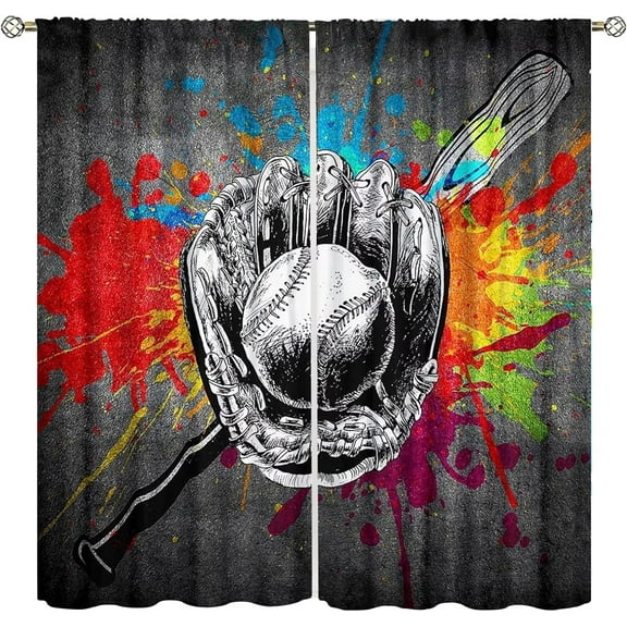 Tie Dyed Baseball Bat Curtains for Kids Boys Teens, Colorful Hippie Sports Curtains & Drapes Living Room Decor, 42x84 inch Decor