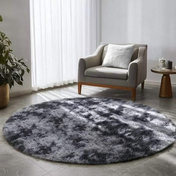 Tie-Dyed Dark Grey Round Rugs for Living Room, 8x8 Rug, Extra Large Circle Area Rug for Bedroom, Big Shag Fluffy Plush Carpet for Mens Home, Modern Cool Circular Rug, Soft Cozy Thick Rugs