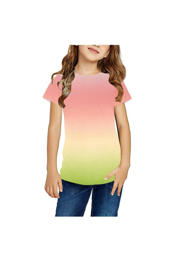 Tie-Dyed Printed Girls Tops Short Sleeve Rainbow Colorful T-Shirts Casual Crewneck Pullover Tees for Teens Kids
