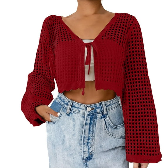 Tie Front Cardigan, Yigetop Women's Tie Front Crochet Lightweight Long Sleeve Cardigan Sweaters Beach Hollow Out Lace Cover Up Crochet Tops for Women Red 2XL