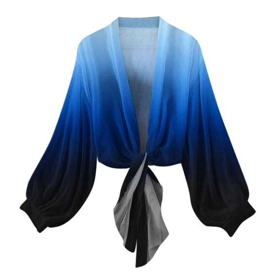 Tie Front Cardigans for Women Sheer Chiffon Long Sleeve Gradient Tops Lightweight Dressy Casual Shirts Cardigan Blue, 2XL