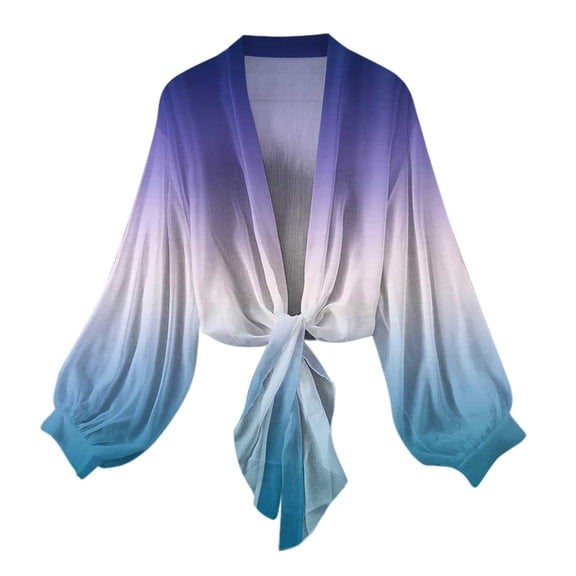 Tie Front Cardigans for Women Sheer Chiffon Long Sleeve Gradient Tops Lightweight Dressy Casual Shirts Cardigan Sky Blue, S