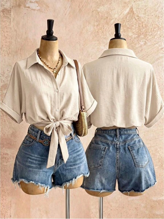 Tie Front Collared Blouse, Drop Shoulder Short Sleeve Cropped Top for Vacation & Everyday
