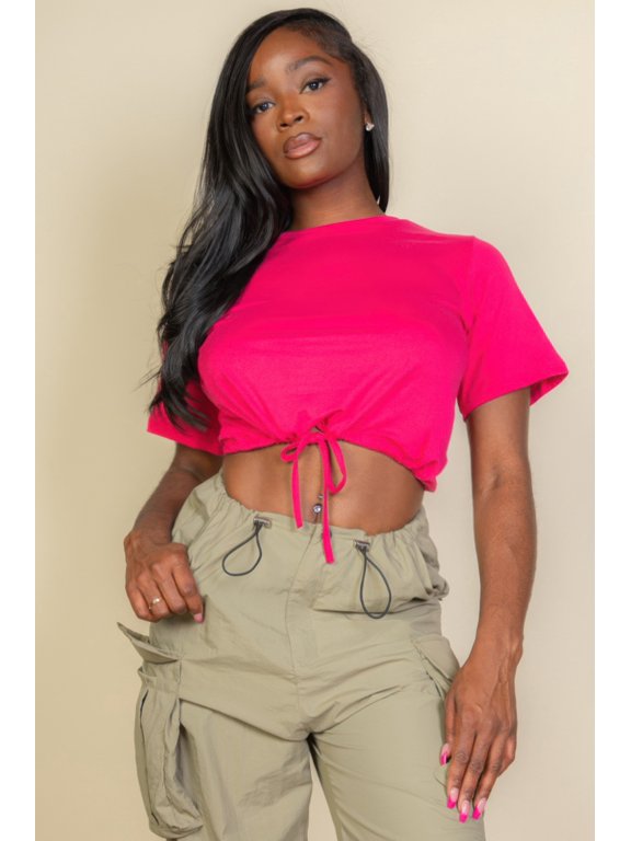 Tie Front Drawstring Short Sleeve Crop Top