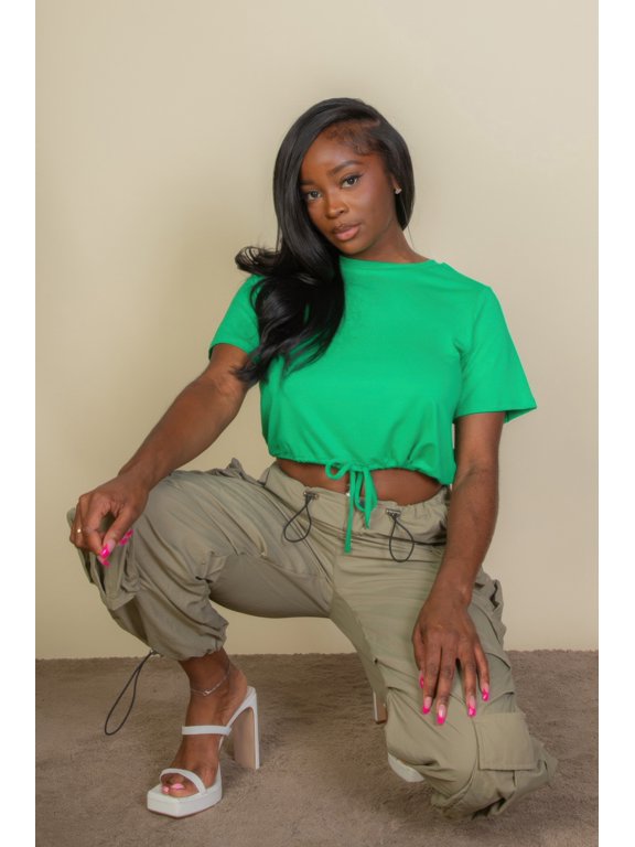 Tie Front Drawstring Short Sleeve Crop Top