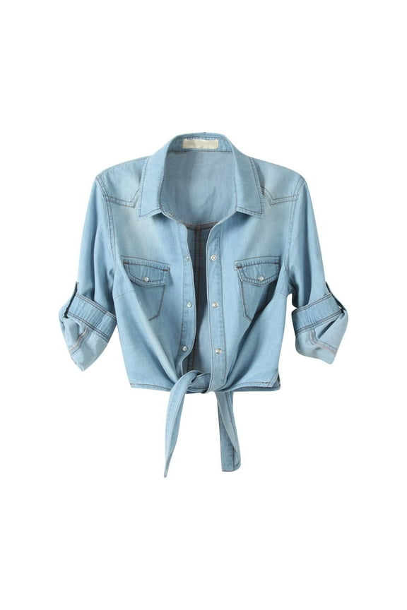 Tie Front Jean Shirt Button Down Denim Tops for Women Plus Size Chest Pocket Rolled Half Sleeve Crop Blouses (3XL, Light Blue)