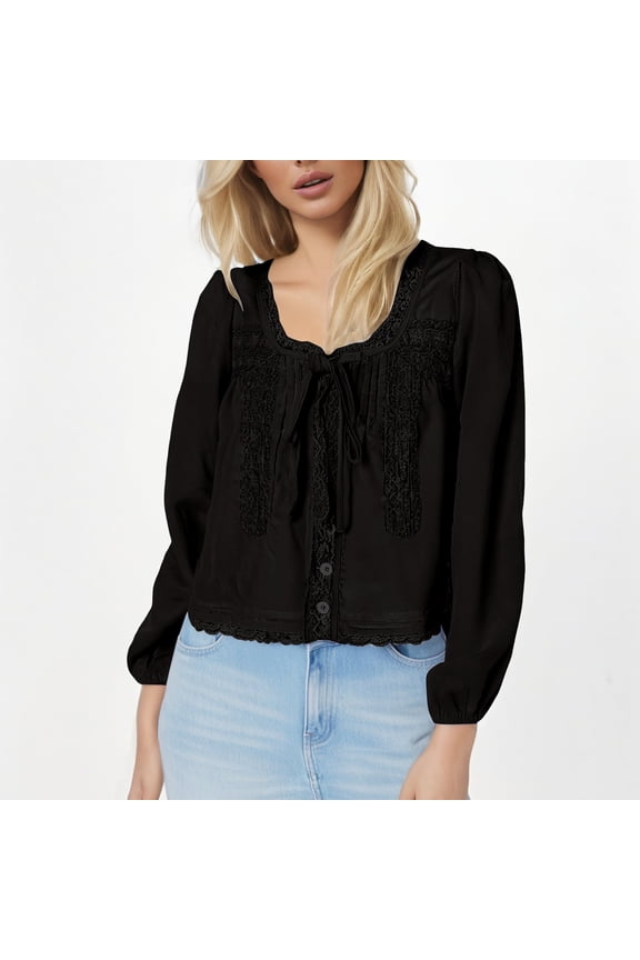 Tie Front Lace Tops for Women Ruffle Trim V Neck Chiffon Blouses Sheer Peplum Long Sleeve Button Shirts Soft Shirt Women Long Sleeve Tall Shirt Women Women's Long Sleeve T Shirts Women Long