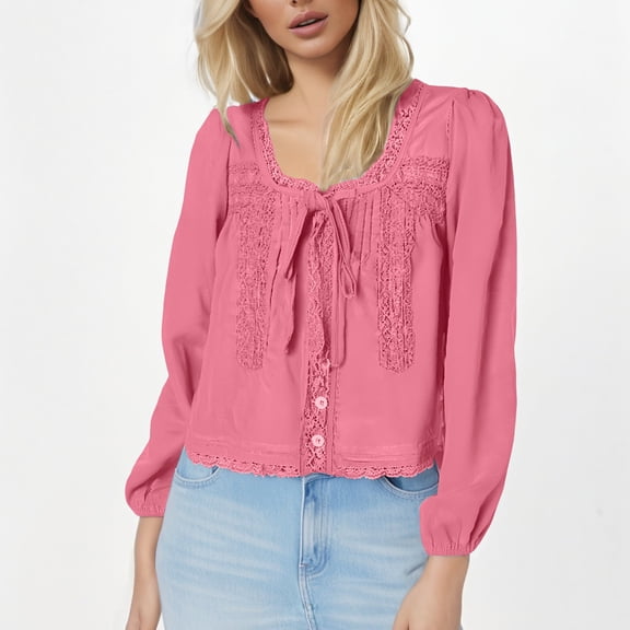Tie Front Lace Tops For Women Trendy Ruffle Trim V Neck Chiffon Blouses Sheer Peplum Long Sleeve Button Shirts Women's Graphic Womens Tee Shirts Long Sleeve Shirts Tall Short Sleeve Shirts for Women