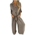 thumbnail image 1 of Tie Front Lounge Set Women - Button Down Shirt & Elastic Waist Pants Vacation Outfits Loose Fit Long Sleeve Summer Pantsuit Lightweight Breathable, 1 of 8