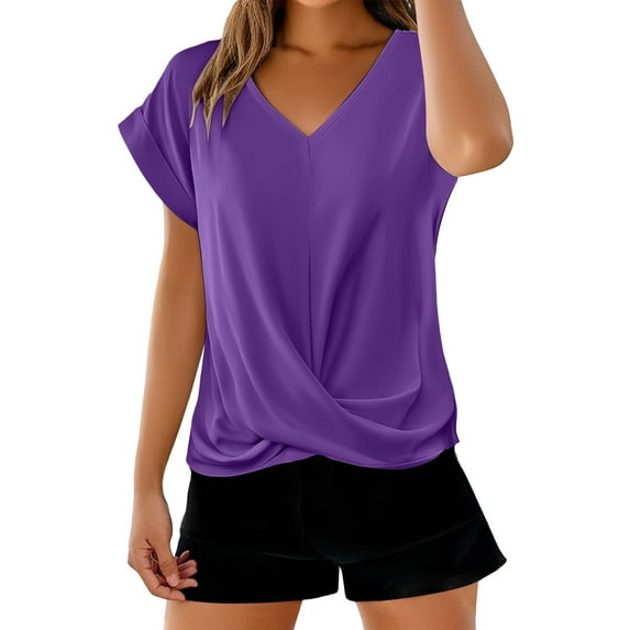 Tie Front Shirts for Women, Yigetop Solid Color V Neck T Shirt Elegant Short Sleeved Top for Spring and Summer Women's Clothing Summer Tops for Women Yellow L