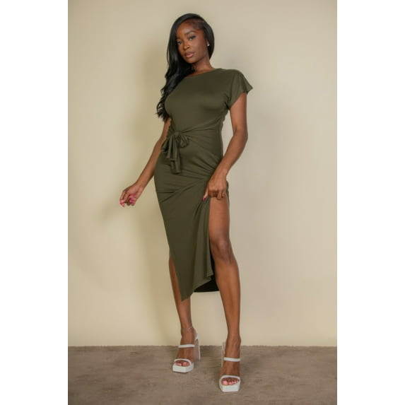 Tie Front Short Sleeve Side Slit Dress
