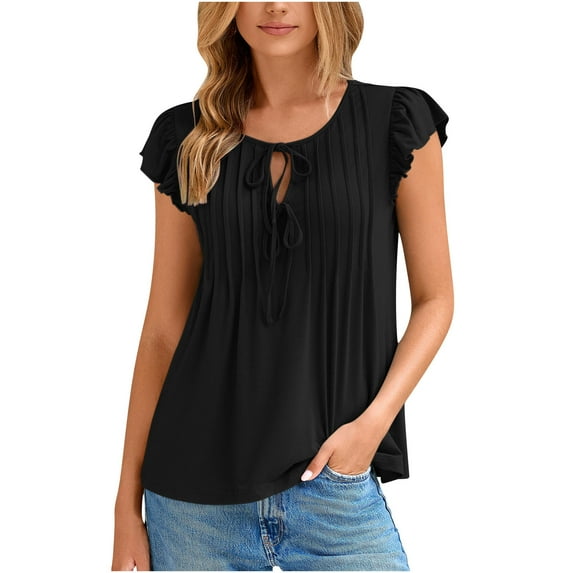 Tie Front Tops For Women Ruffle Short Sleeve Shirts Key-Hole Plain T-Shirt Pleated Crewneck Tee Shirts Causal Trends Tunic Blouses Work Out Clothes Summer