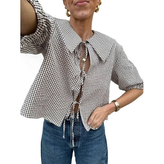 Tie Front Tops Womens Y2k Leopard Print Peplum Babydoll /4 Length Puff Sleeve Cute Going Out Tops Brown XS