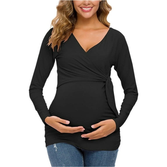 Tie Front Tops for Women Maternity Clothing Long Sleeve V Neck Breastfeeding Pregnancy Wrap Cotton Shirts (XL, Black)