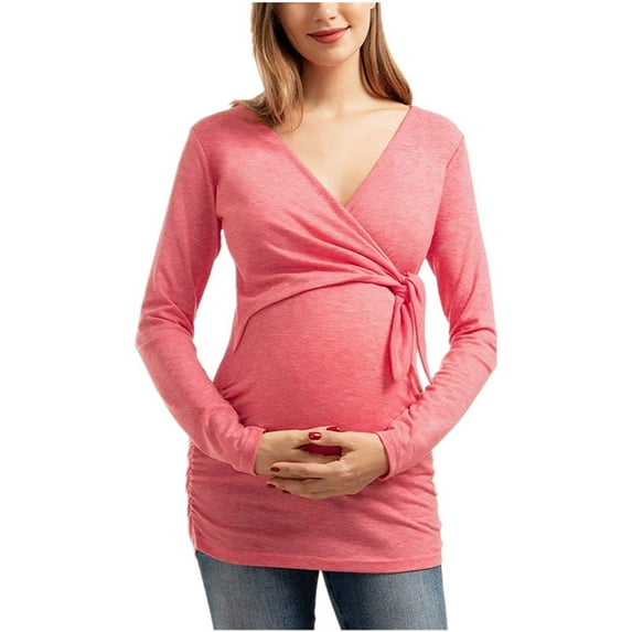 Tie Front Tops for Women Maternity Clothing Long Sleeve V Neck Breastfeeding Pregnancy Wrap Cotton Shirts (XL, Pink)