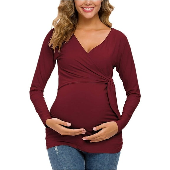 Tie Front Tops for Women Maternity Clothing Long Sleeve V Neck Breastfeeding Pregnancy Wrap Cotton Shirts (XL, Wine)