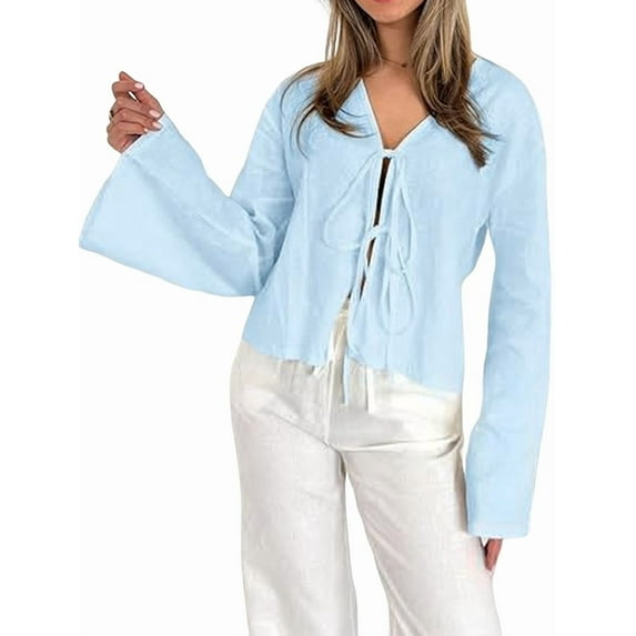 Tie Front Tops for Women Y2K Cotton Shirts Flare Sleeve V Neck Clothes Casual Lace Up Bow- Blouses Light Blue M