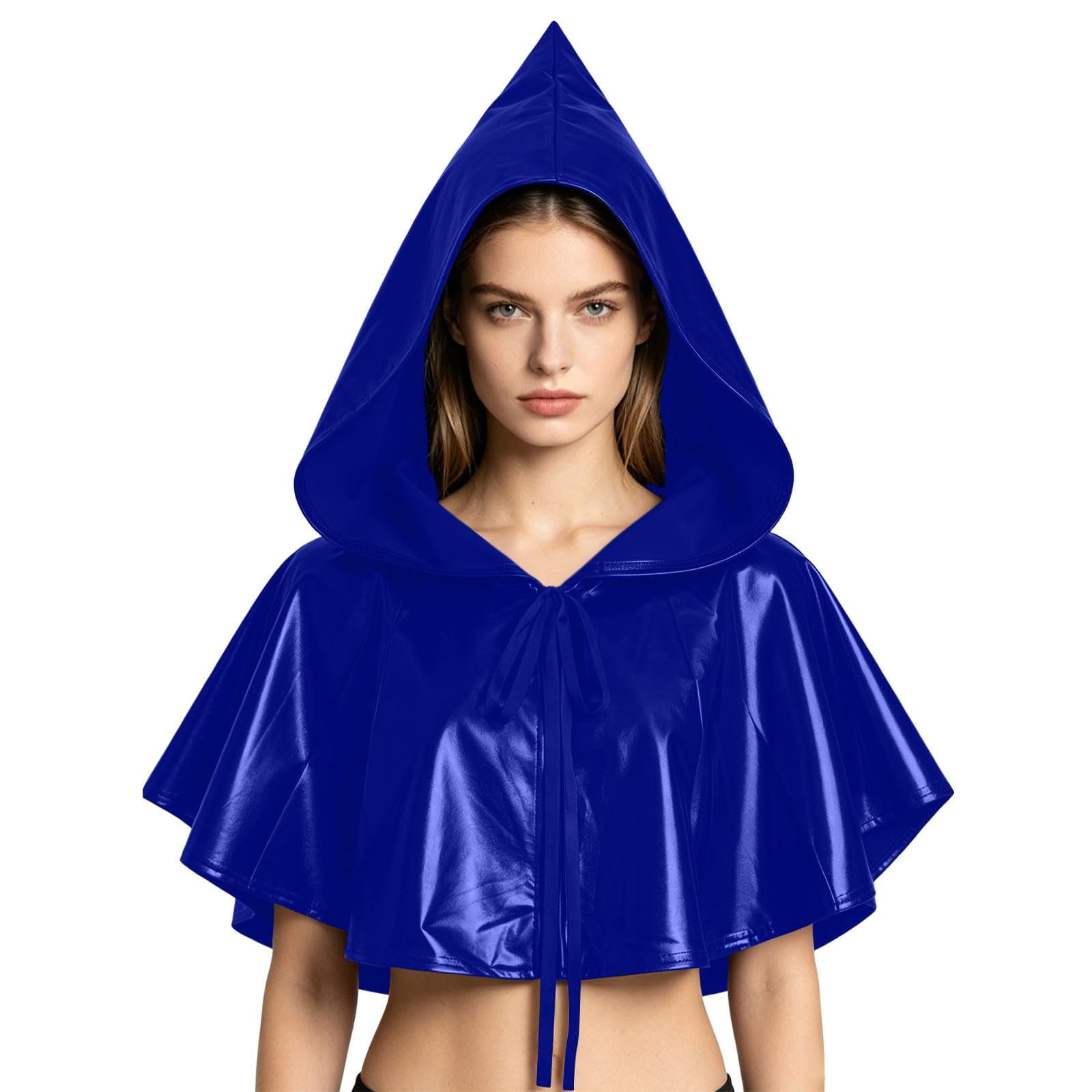 Tie Front Witch Cosplay Cape, Shiny Metallic Short Pointed Hood