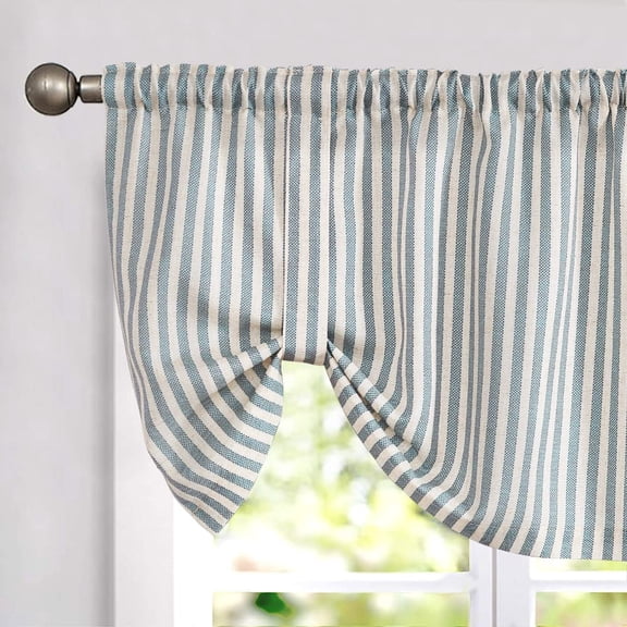 Tie Up Linen Textured Striped Bow Curtain For Kitchen Bathroom Rod Pocket Pinstripe Valance Window Treatments Ticking Stripe Pull Cord 1 Panel 18 Inch Teal Blue On