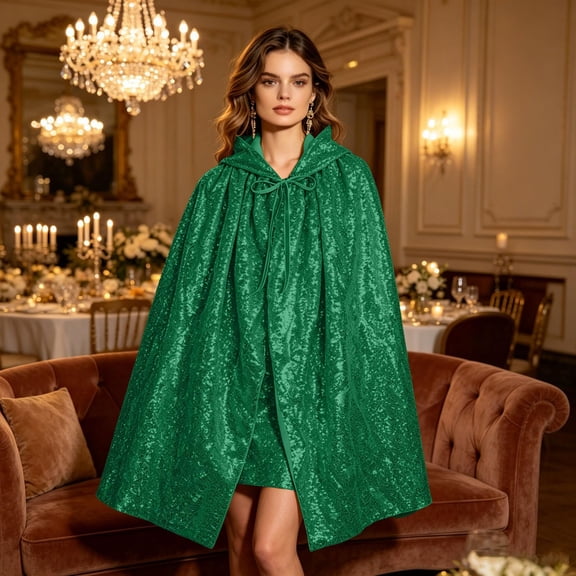 Tie Neck Cloak Prop, Sparkly Sequin Hooded Cape Cloak, Short Glitter Cape With Tie Neck for Halloween Witch Princess Cosplay Party, Multi Color Shiny Costume Accessory, Dark Green One Size