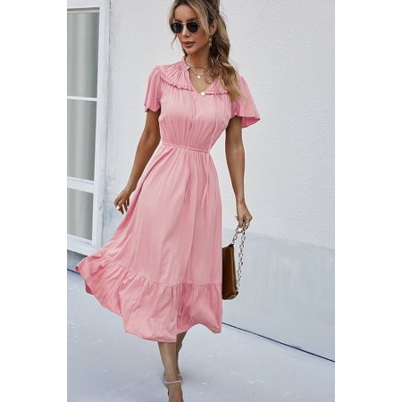Tie Neck Frill Trim Tiered Midi Dress